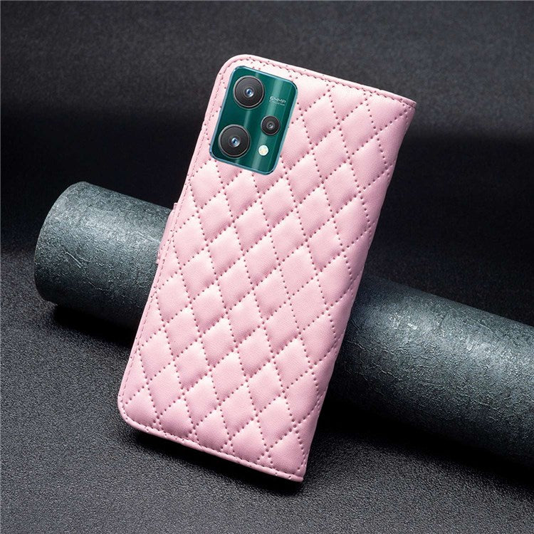 BINFEN COLOR For Realme 9 Pro 5G / 9 5G / V25 BF Style-14 Matte PU Leather Phone Case Imprinting Rhombus Pattern Folio Flip Protective Cover with Stand Wallet - Pink