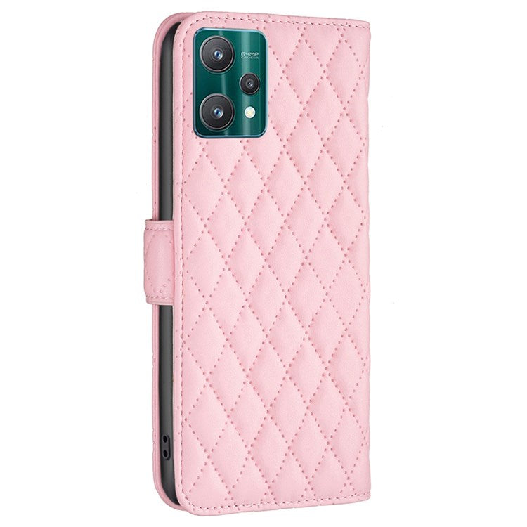 BINFEN COLOR For Realme 9 Pro 5G / 9 5G / V25 BF Style-14 Matte PU Leather Phone Case Imprinting Rhombus Pattern Folio Flip Protective Cover with Stand Wallet - Pink