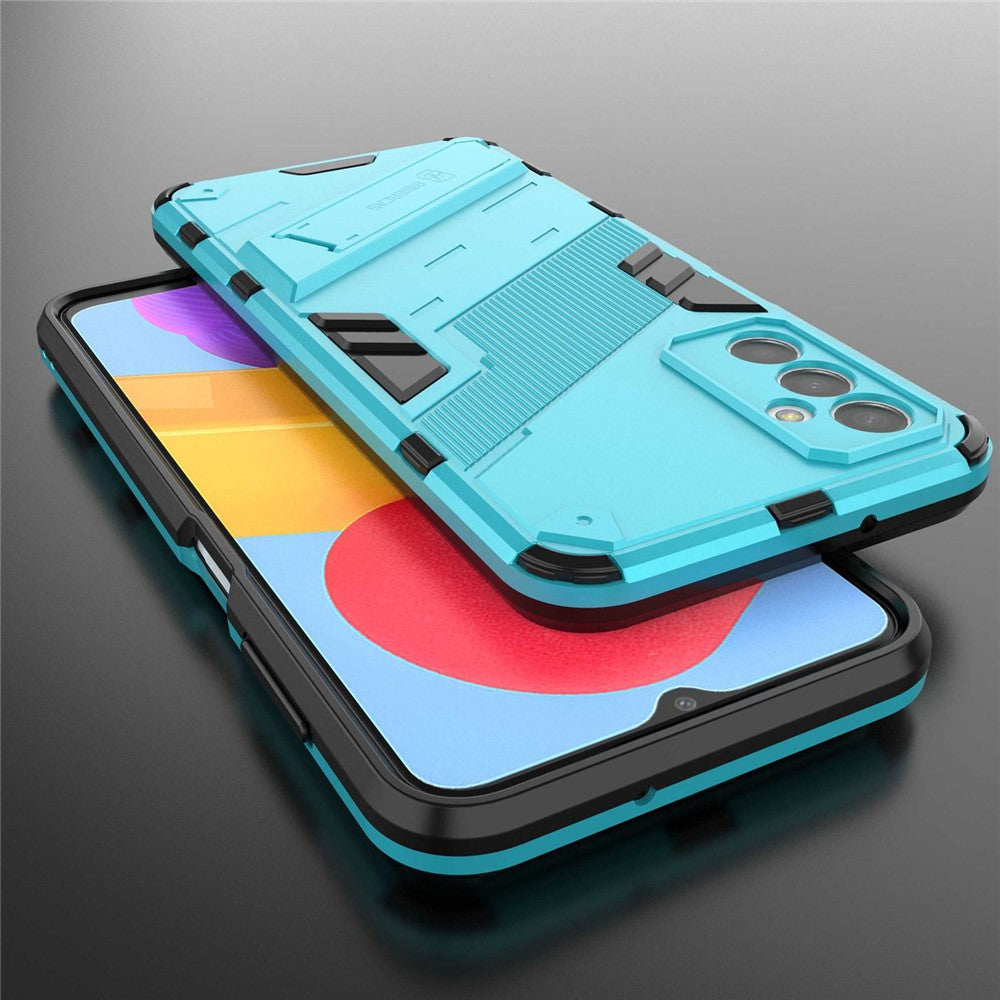 For Samsung Galaxy M13 4G Kickstand Protective Phone Case Drop-proof Hard PC Soft TPU Hybrid Cover - Baby Blue