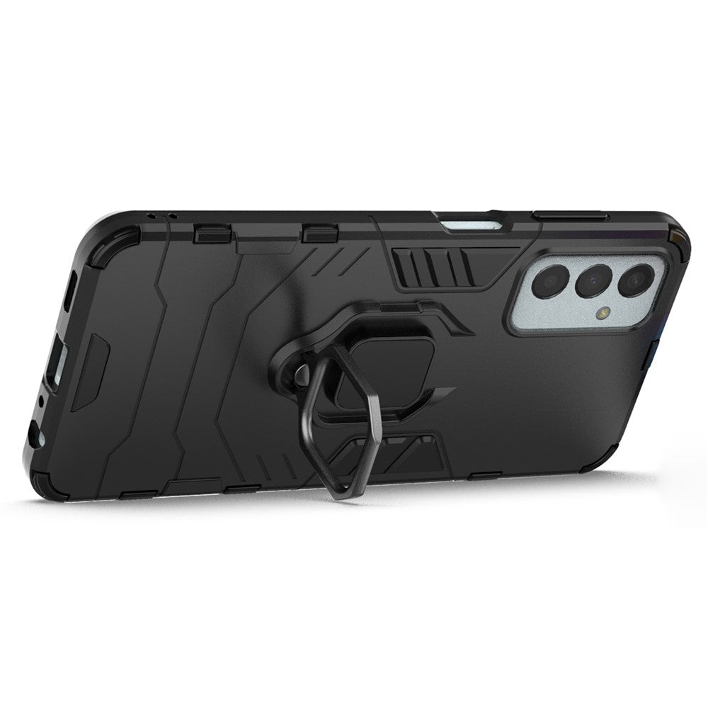 For Samsung Galaxy M13 4G Ring Holder Kickstand Hybrid PC + TPU Cover Shockproof Smart Phone Protective Case - Black