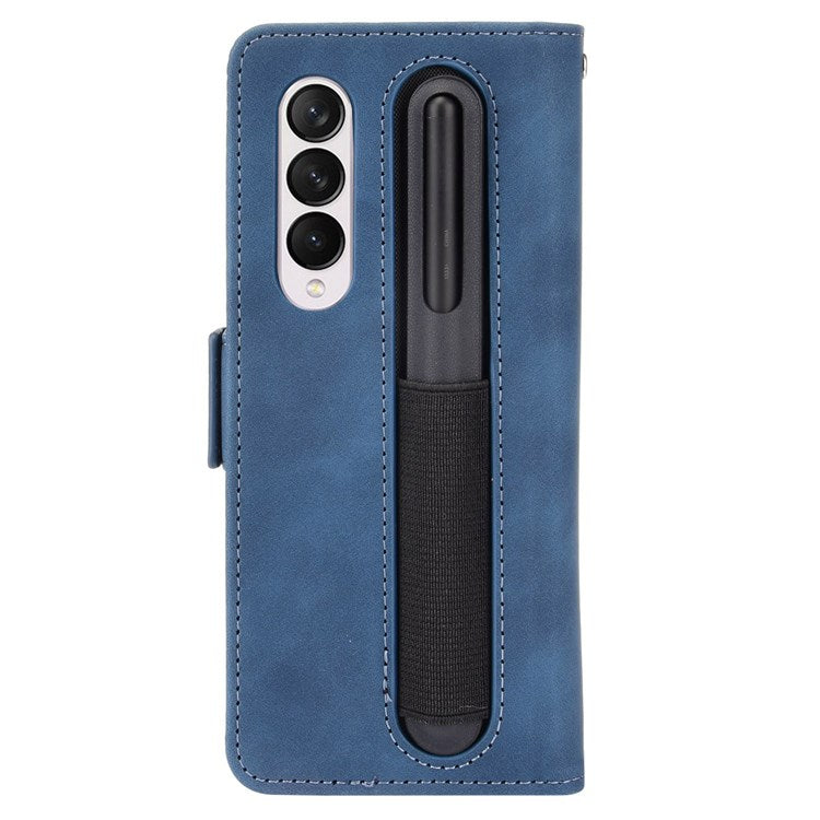 For Samsung Galaxy Z Fold4 5G Well-Protected Anti-Fall Pen Slot Phone Case PU Leather + TPU Phone Cover Multiple Card Slot Wallet Stand Design - Blue