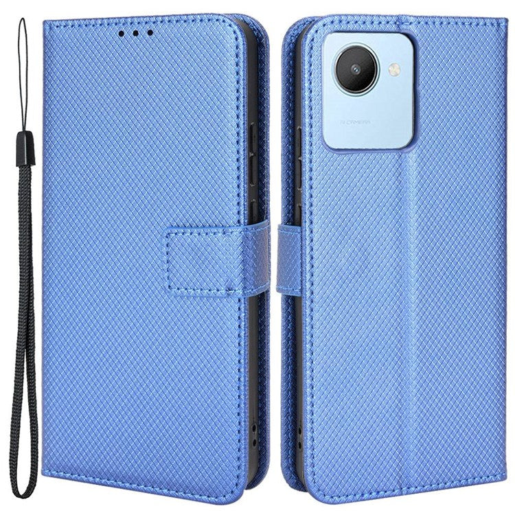For Realme C30 4G Supporting Stand Wallet Phone Case Wrist Strap Diamond Texture PU Leather Phone Cover - Blue