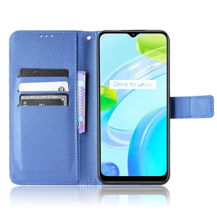 For Realme C30 4G Supporting Stand Wallet Phone Case Wrist Strap Diamond Texture PU Leather Phone Cover - Blue