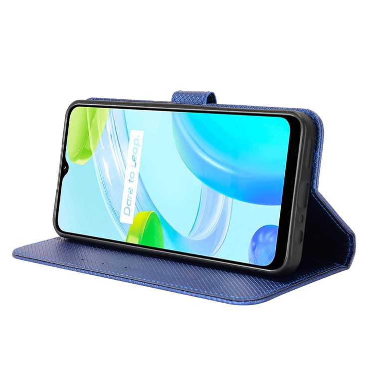 For Realme C30 4G Supporting Stand Wallet Phone Case Wrist Strap Diamond Texture PU Leather Phone Cover - Blue