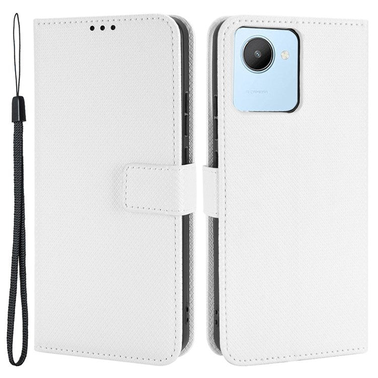 For Realme C30 4G Supporting Stand Wallet Phone Case Wrist Strap Diamond Texture PU Leather Phone Cover - White