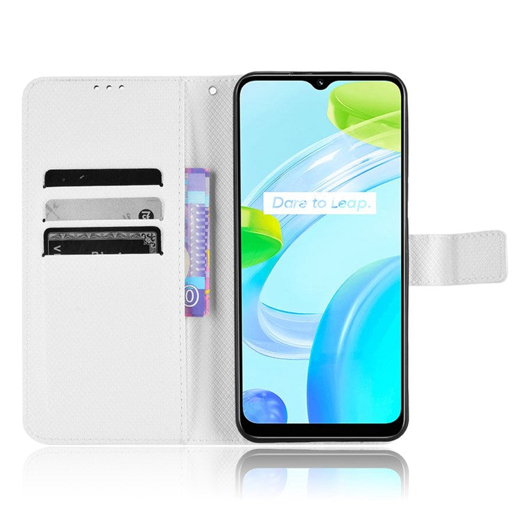 For Realme C30 4G Supporting Stand Wallet Phone Case Wrist Strap Diamond Texture PU Leather Phone Cover - White