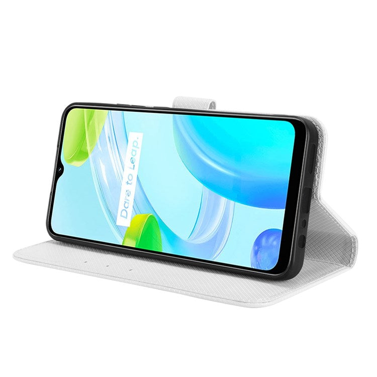 For Realme C30 4G Supporting Stand Wallet Phone Case Wrist Strap Diamond Texture PU Leather Phone Cover - White