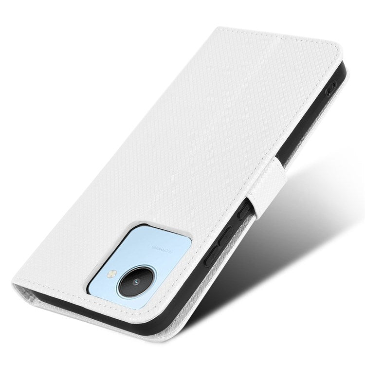 For Realme C30 4G Supporting Stand Wallet Phone Case Wrist Strap Diamond Texture PU Leather Phone Cover - White