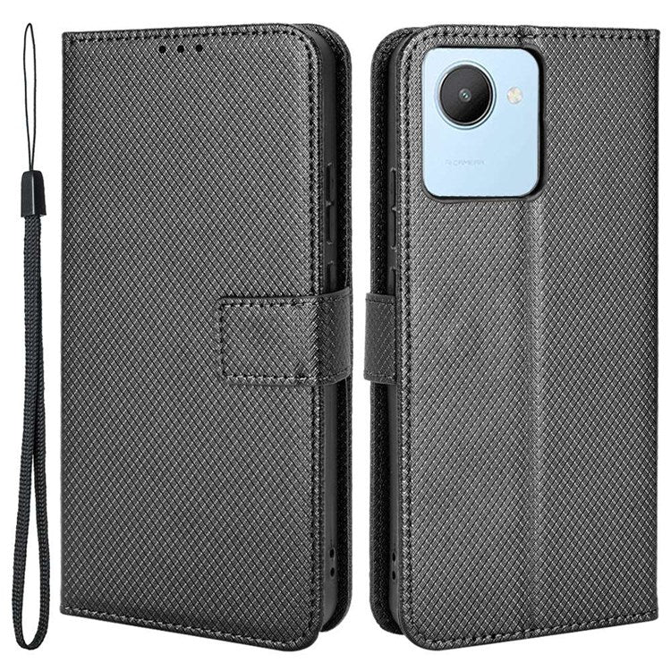 For Realme C30 4G Supporting Stand Wallet Phone Case Wrist Strap Diamond Texture PU Leather Phone Cover - Black