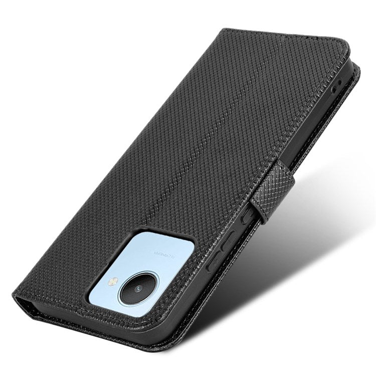 For Realme C30 4G Supporting Stand Wallet Phone Case Wrist Strap Diamond Texture PU Leather Phone Cover - Black