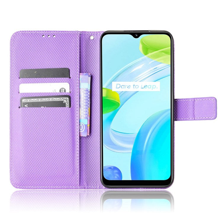 For Realme C30 4G Supporting Stand Wallet Phone Case Wrist Strap Diamond Texture PU Leather Phone Cover - Purple