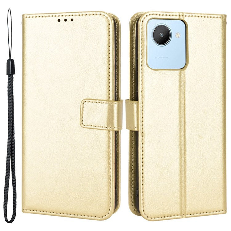 Mobile Phone Case Bag for Realme C30 4G, Crazy Horse Texture PU Leather Cover Stand Wallet - Gold