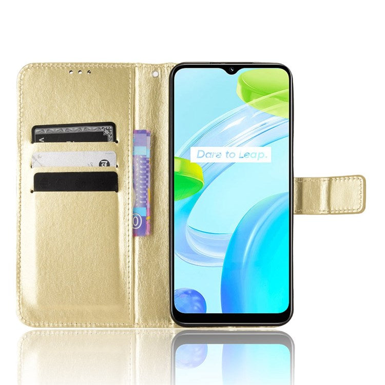 Mobile Phone Case Bag for Realme C30 4G, Crazy Horse Texture PU Leather Cover Stand Wallet - Gold