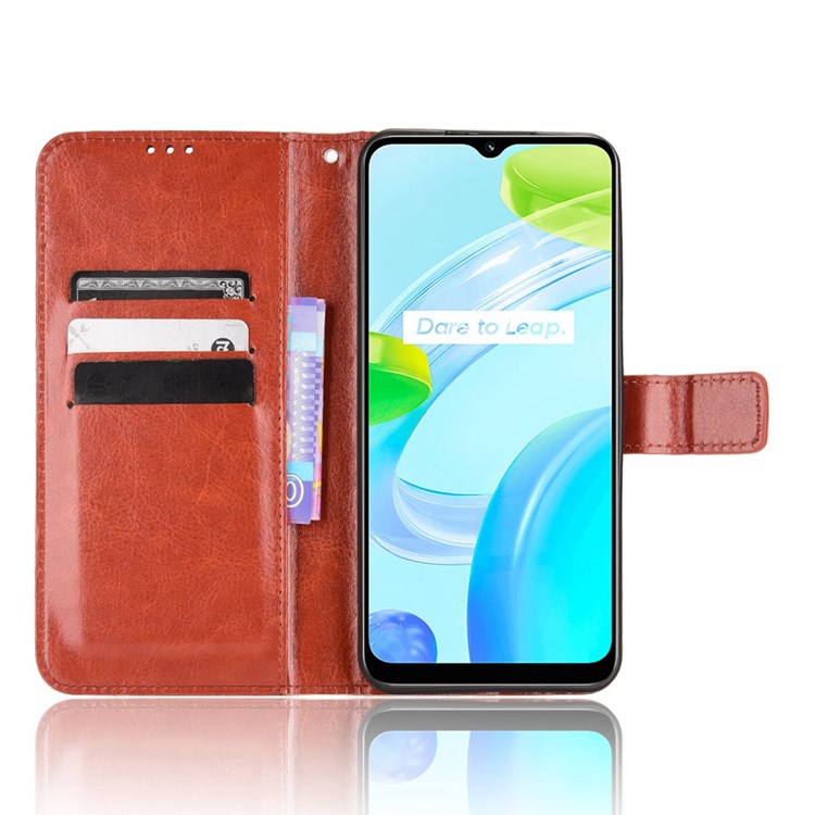 Mobile Phone Case Bag for Realme C30 4G, Crazy Horse Texture PU Leather Cover Stand Wallet - Brown