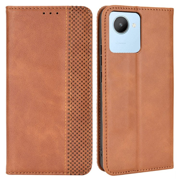 For Realme C30 4G Anti-fingerprint Retro PU Leather Wallet Case Stand Function Flip Auto Closing Magnetic Cover - Brown