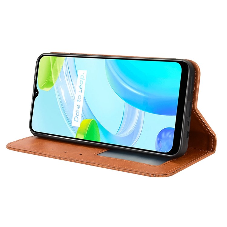 For Realme C30 4G Anti-fingerprint Retro PU Leather Wallet Case Stand Function Flip Auto Closing Magnetic Cover - Brown
