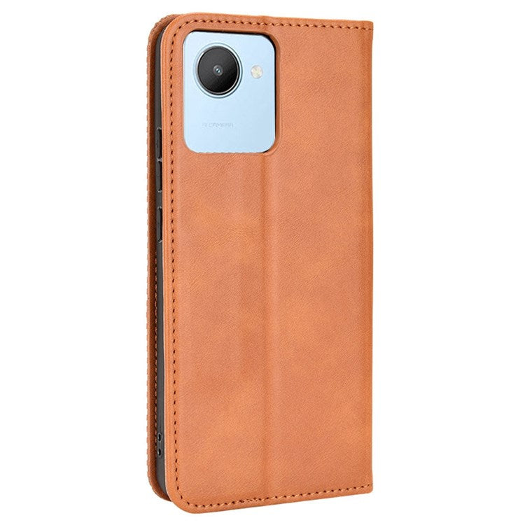 For Realme C30 4G Anti-fingerprint Retro PU Leather Wallet Case Stand Function Flip Auto Closing Magnetic Cover - Brown