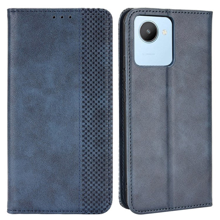 For Realme C30 4G Anti-fingerprint Retro PU Leather Wallet Case Stand Function Flip Auto Closing Magnetic Cover - Blue