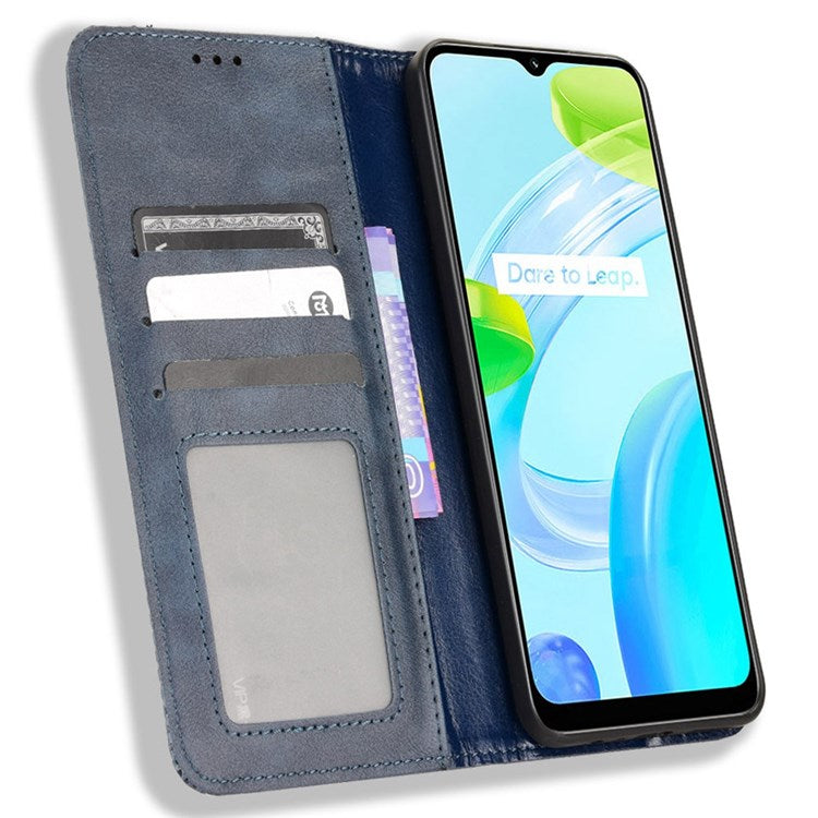 For Realme C30 4G Anti-fingerprint Retro PU Leather Wallet Case Stand Function Flip Auto Closing Magnetic Cover - Blue