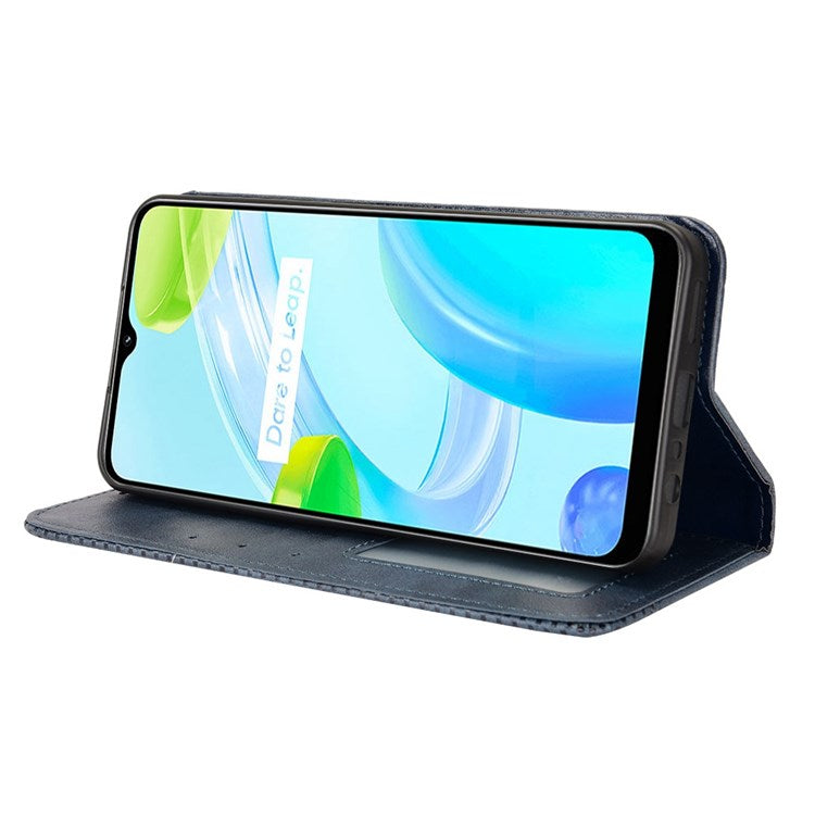 For Realme C30 4G Anti-fingerprint Retro PU Leather Wallet Case Stand Function Flip Auto Closing Magnetic Cover - Blue