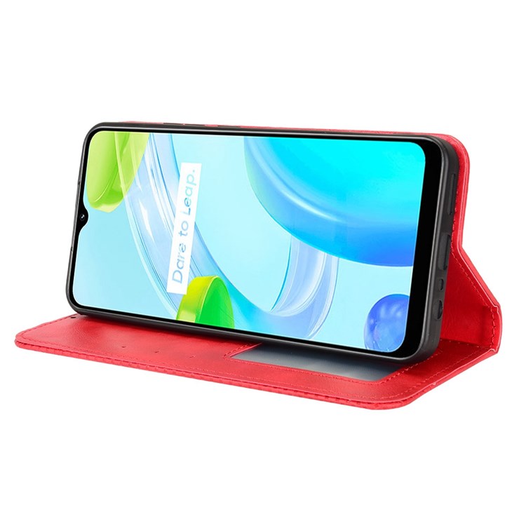 For Realme C30 4G Anti-fingerprint Retro PU Leather Wallet Case Stand Function Flip Auto Closing Magnetic Cover - Red
