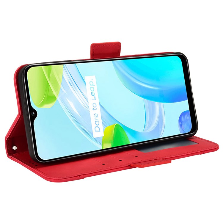 Multiple Card Slots Cell Phone Case for Realme C30 4G, PU Leather Folio Wallet and Stand Flip Cover - Red
