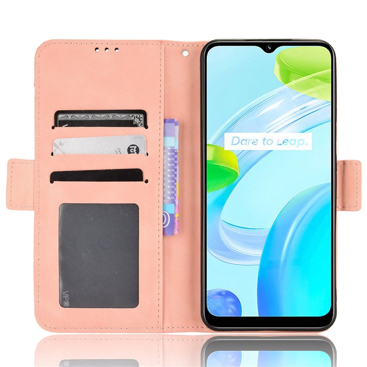 Multiple Card Slots Cell Phone Case for Realme C30 4G, PU Leather Folio Wallet and Stand Flip Cover - Pink