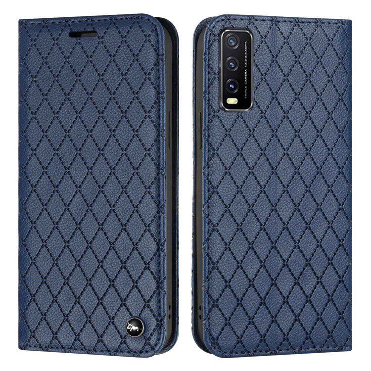 For vivo Y30 / Y20 / Y20i / Y20s / iQOO U1x / Y20G / Y20 2021 / Y11s / Y12a / Y12s 2021 / Y30g / Y20A Shockproof Flip Wallet Case with Rhombus Pattern - Blue