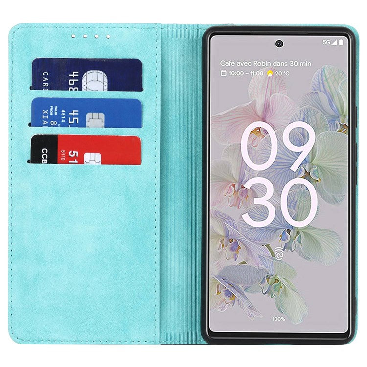 Bi-color Splicing Phone Case for Google Pixel 6a, Magnetic Auto-absorbed PU Leather Wallet Stand Flip Cover - Light Blue / Dark Blue