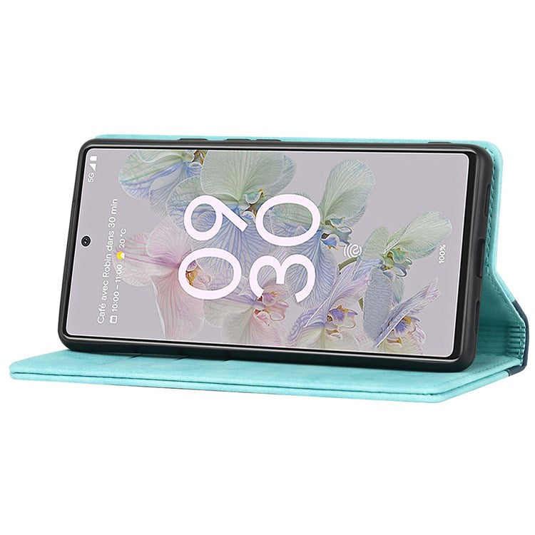 Bi-color Splicing Phone Case for Google Pixel 6a, Magnetic Auto-absorbed PU Leather Wallet Stand Flip Cover - Light Blue / Dark Blue