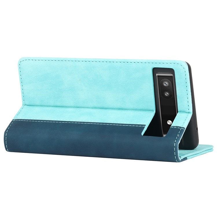 Bi-color Splicing Phone Case for Google Pixel 6a, Magnetic Auto-absorbed PU Leather Wallet Stand Flip Cover - Light Blue / Dark Blue