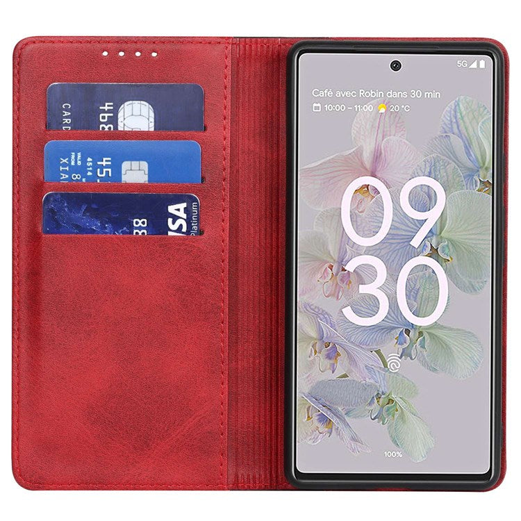 Bi-color Splicing Phone Case for Google Pixel 6a, Magnetic Auto-absorbed PU Leather Wallet Stand Flip Cover - Red / Black