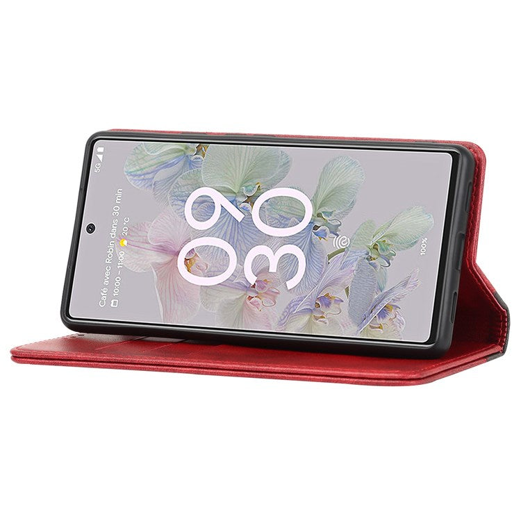 Bi-color Splicing Phone Case for Google Pixel 6a, Magnetic Auto-absorbed PU Leather Wallet Stand Flip Cover - Red / Black