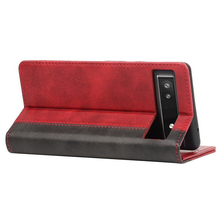 Bi-color Splicing Phone Case for Google Pixel 6a, Magnetic Auto-absorbed PU Leather Wallet Stand Flip Cover - Red / Black