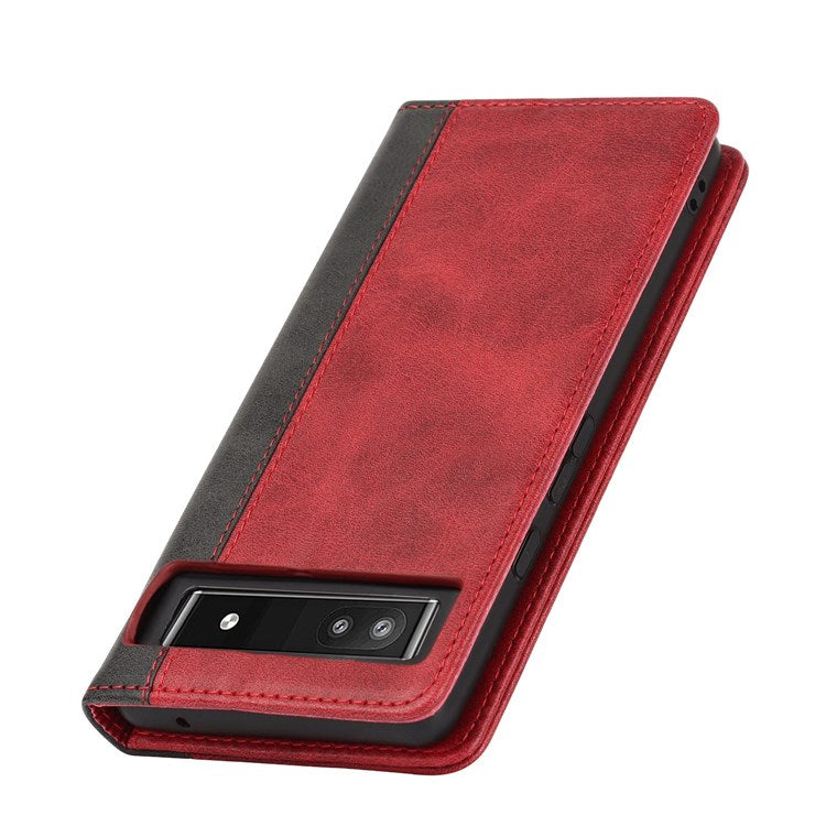 Bi-color Splicing Phone Case for Google Pixel 6a, Magnetic Auto-absorbed PU Leather Wallet Stand Flip Cover - Red / Black