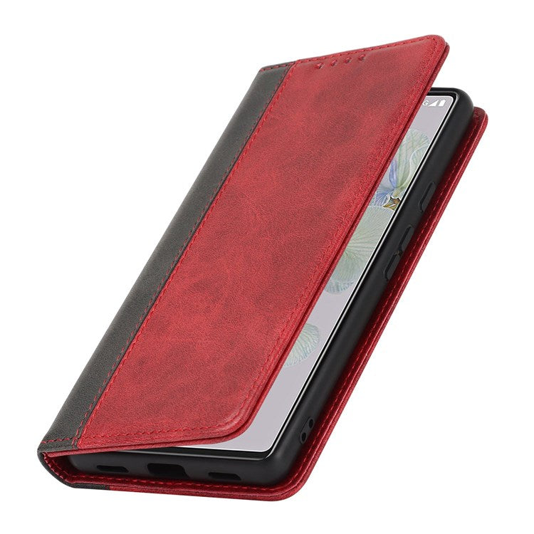 Bi-color Splicing Phone Case for Google Pixel 6a, Magnetic Auto-absorbed PU Leather Wallet Stand Flip Cover - Red / Black