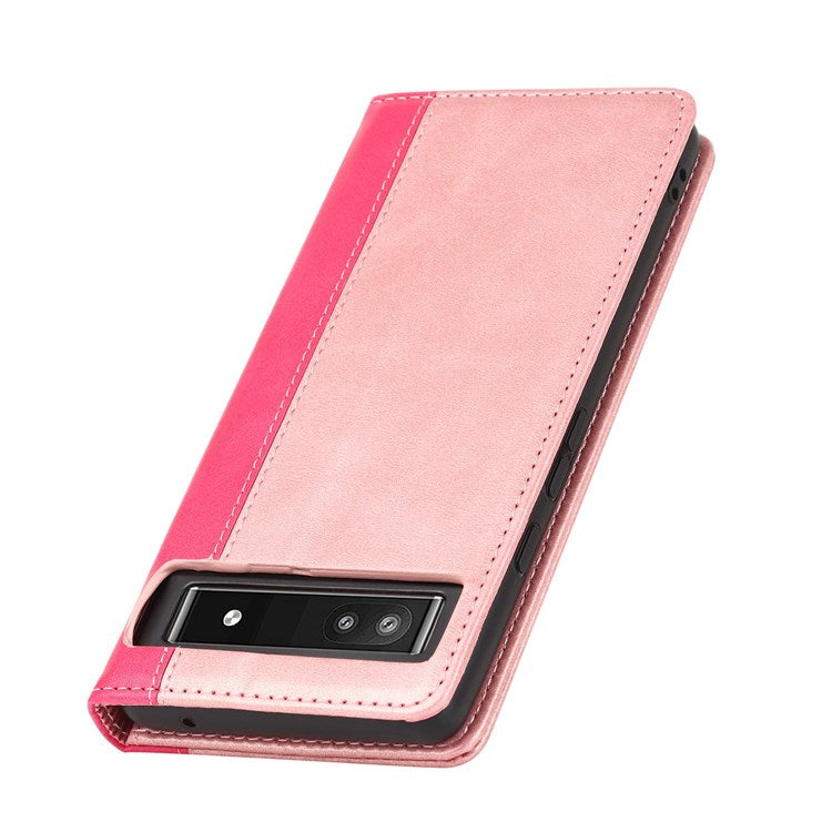 Bi-color Splicing Phone Case for Google Pixel 6a, Magnetic Auto-absorbed PU Leather Wallet Stand Flip Cover - Rose Gold / Rose