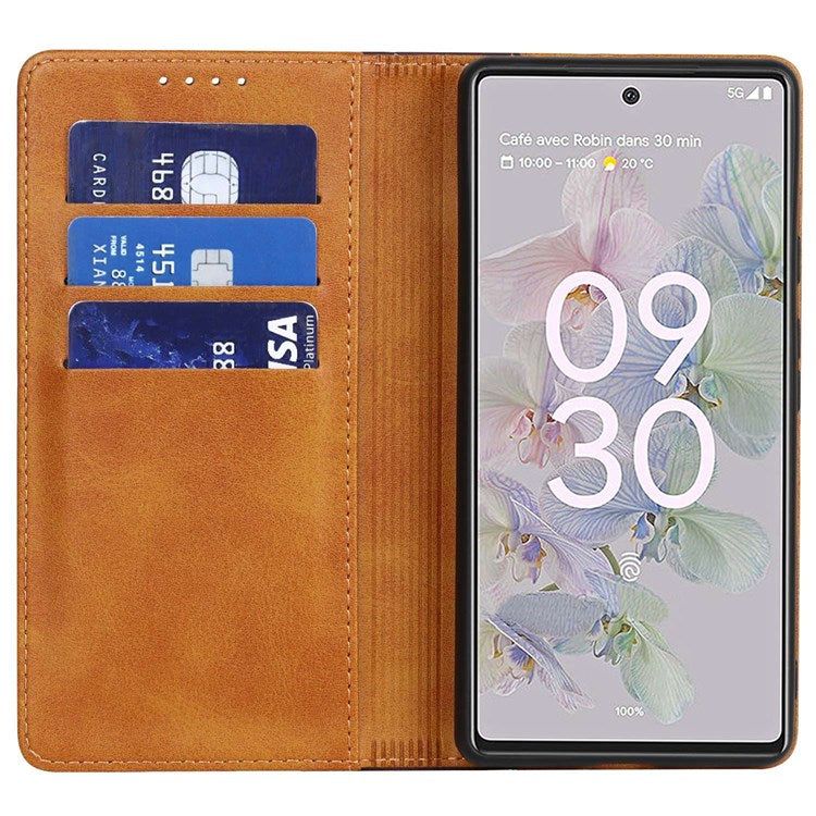 Bi-color Splicing Phone Case for Google Pixel 6a, Magnetic Auto-absorbed PU Leather Wallet Stand Flip Cover - Yellow / Brown