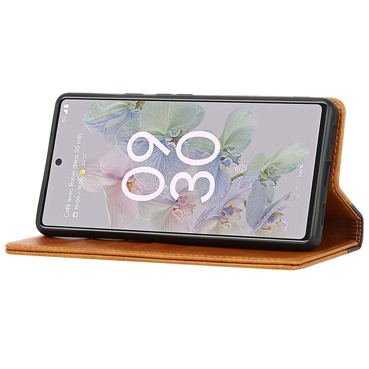 Bi-color Splicing Phone Case for Google Pixel 6a, Magnetic Auto-absorbed PU Leather Wallet Stand Flip Cover - Yellow / Brown