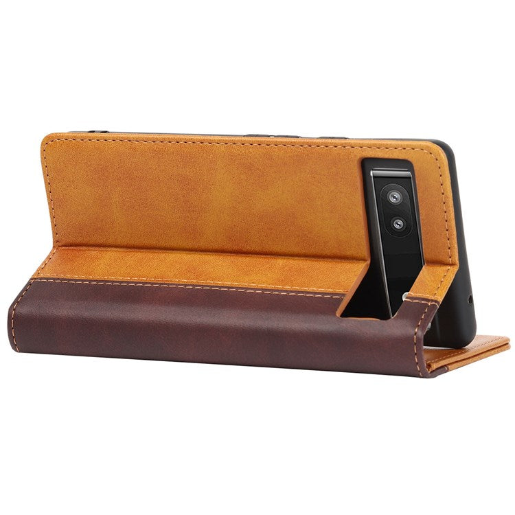 Bi-color Splicing Phone Case for Google Pixel 6a, Magnetic Auto-absorbed PU Leather Wallet Stand Flip Cover - Yellow / Brown