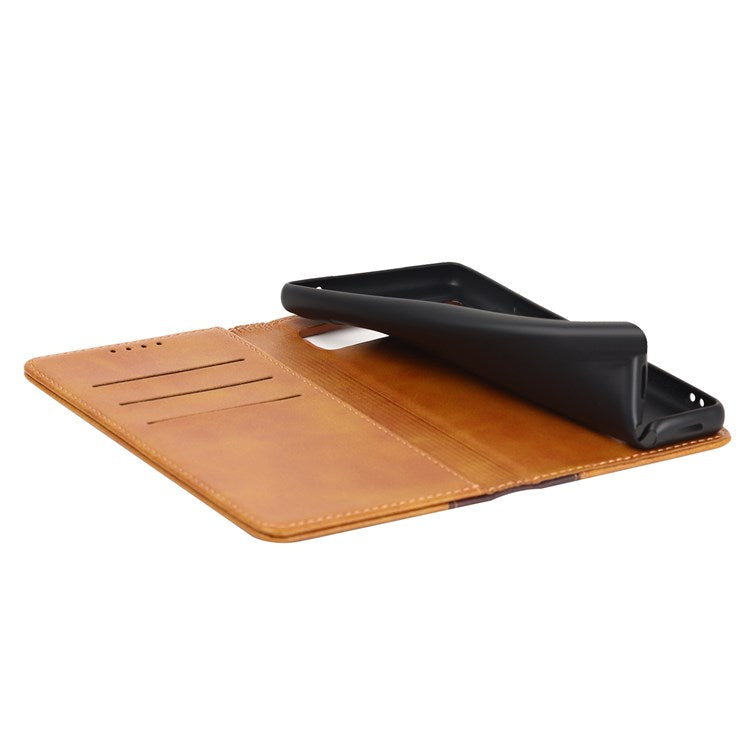 Bi-color Splicing Phone Case for Google Pixel 6a, Magnetic Auto-absorbed PU Leather Wallet Stand Flip Cover - Yellow / Brown