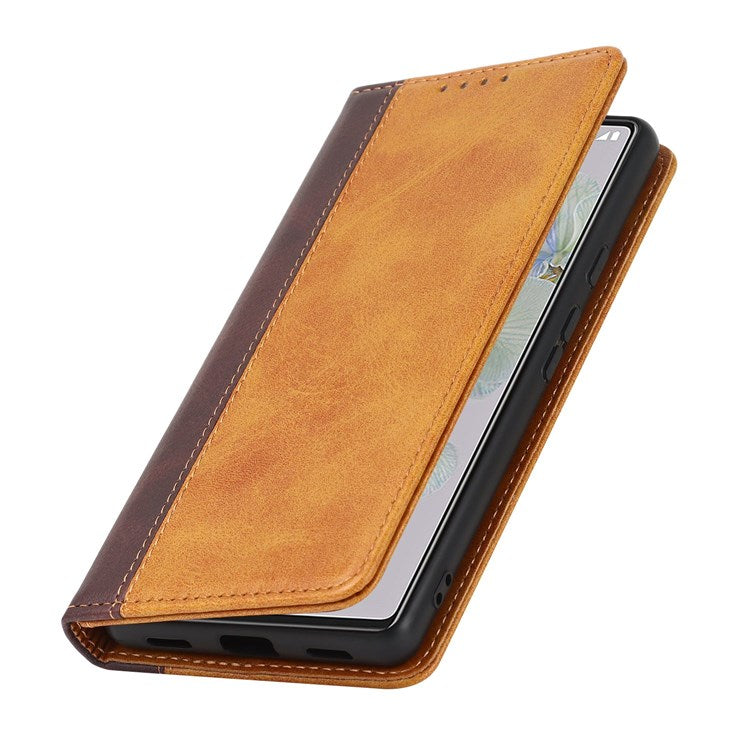Bi-color Splicing Phone Case for Google Pixel 6a, Magnetic Auto-absorbed PU Leather Wallet Stand Flip Cover - Yellow / Brown