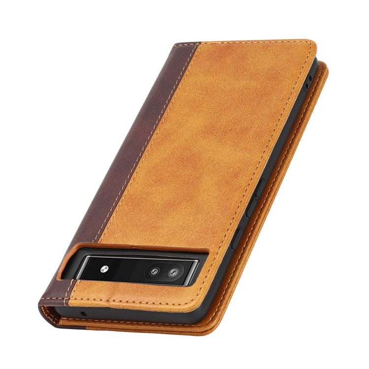 Bi-color Splicing Phone Case for Google Pixel 6a, Magnetic Auto-absorbed PU Leather Wallet Stand Flip Cover - Yellow / Brown