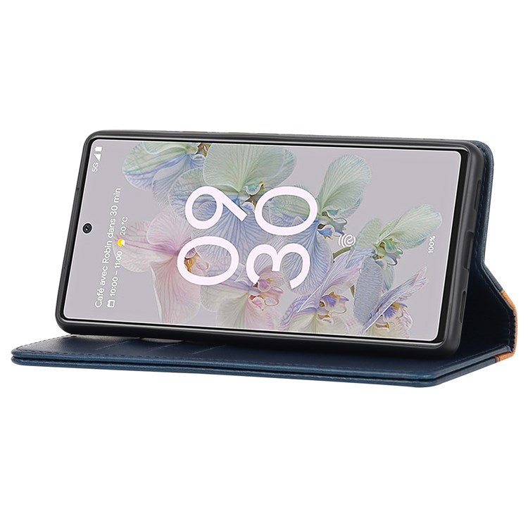 Bi-color Splicing Phone Case for Google Pixel 6a, Magnetic Auto-absorbed PU Leather Wallet Stand Flip Cover - Blue / Yellow