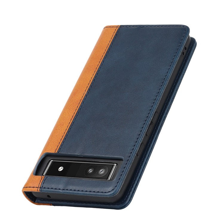 Bi-color Splicing Phone Case for Google Pixel 6a, Magnetic Auto-absorbed PU Leather Wallet Stand Flip Cover - Blue / Yellow
