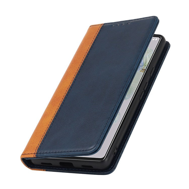 Bi-color Splicing Phone Case for Google Pixel 6a, Magnetic Auto-absorbed PU Leather Wallet Stand Flip Cover - Blue / Yellow