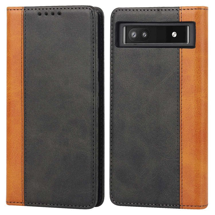 Bi-color Splicing Phone Case for Google Pixel 6a, Magnetic Auto-absorbed PU Leather Wallet Stand Flip Cover - Black / Yellow