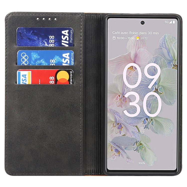 Bi-color Splicing Phone Case for Google Pixel 6a, Magnetic Auto-absorbed PU Leather Wallet Stand Flip Cover - Black / Yellow