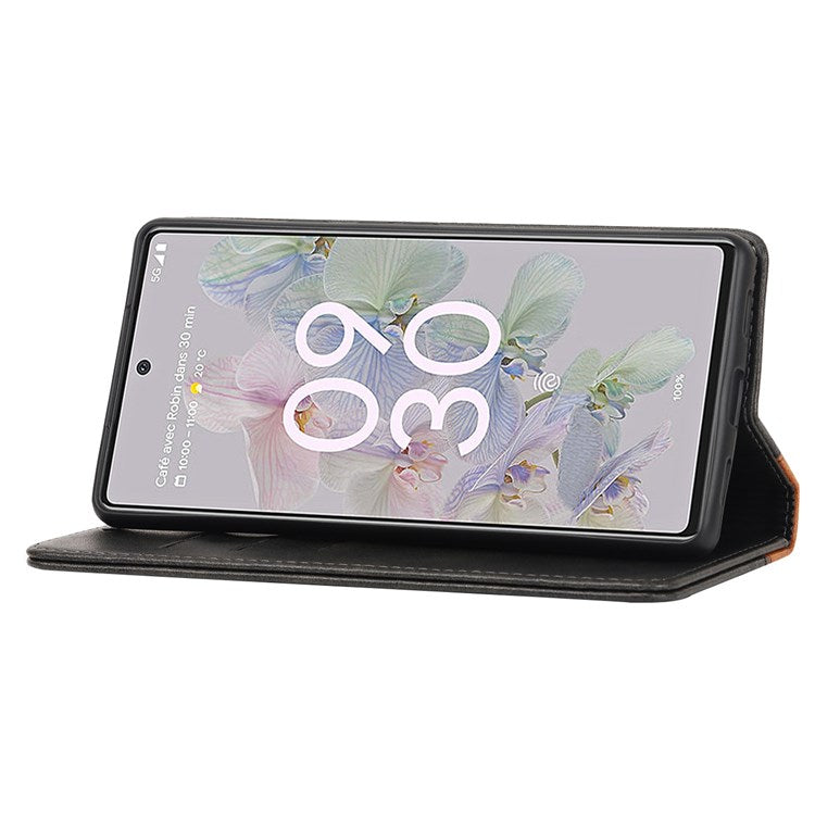 Bi-color Splicing Phone Case for Google Pixel 6a, Magnetic Auto-absorbed PU Leather Wallet Stand Flip Cover - Black / Yellow