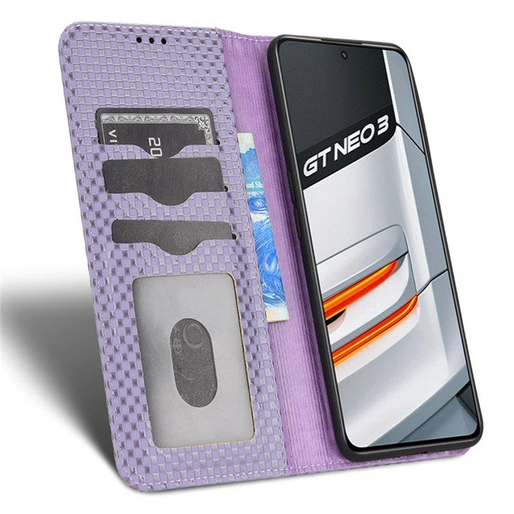 For Realme GT Neo3 Grid Texture PU Leather Stand Case Well-protected Magnetic Auto-absorbed Cell Phone Wallet Cover - Light Purple